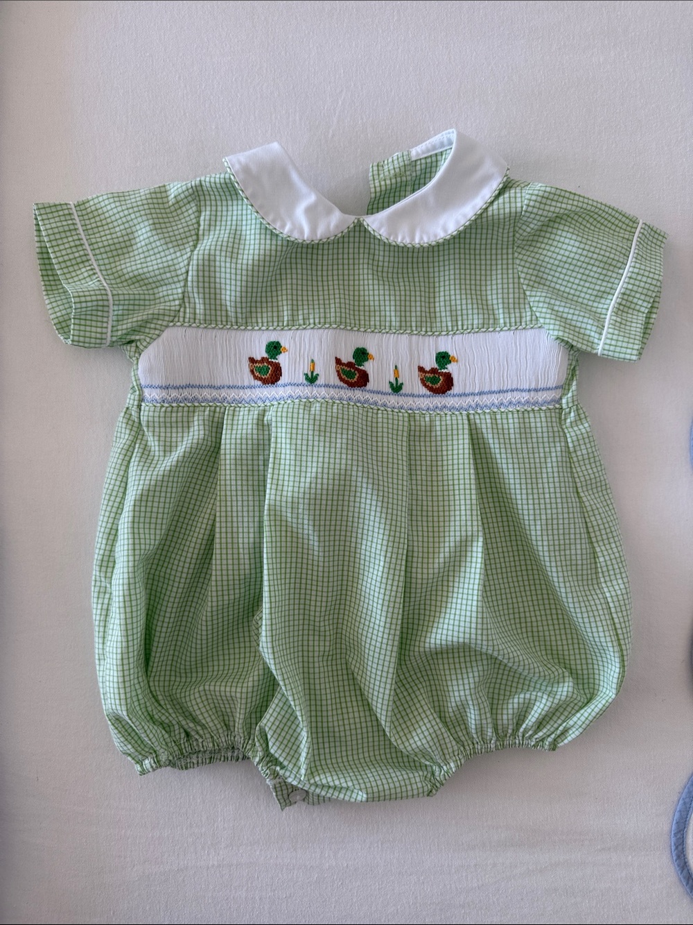 Petit Bebe Green Duckling Smocked One-Piece 9 months